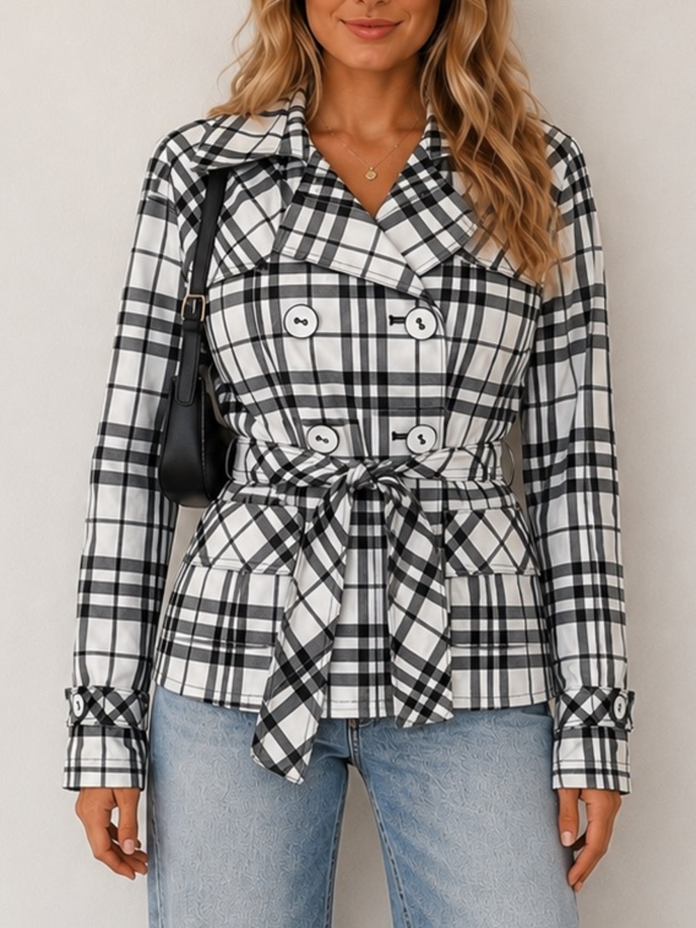 Giacca Plaid Double Breasted Belted Trench Jacket Black White Size S